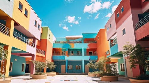 colorful building enamel and blue sky yard. Creative resource, AI Generated