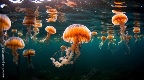 Various small jellyfish Aurelia aurita in Dull sea. Crimea. Creative resource, AI Generated photo