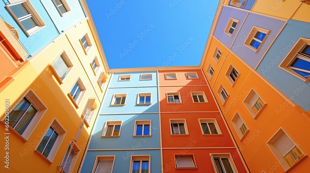colorful building wrap and blue sky yard. Creative resource, AI Generated