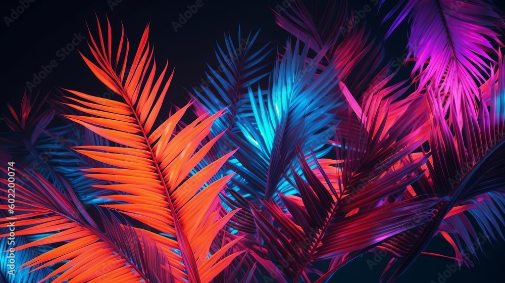Fototapeta premium Photo of palm takes off in neon lighting. Creative resource, AI Generated