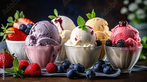 Confining of ice cream flavor whit unused blueberry, strawberry, kiwi, lemon, vanilla setup on common establishment. Creative resource, AI Generated photo