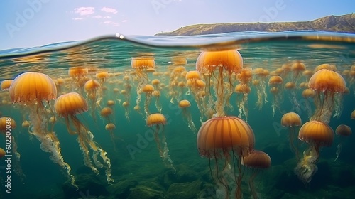 Particular little jellyfish Aurelia aurita in Devastating ocean. Crimea. Creative resource, AI Generated photo