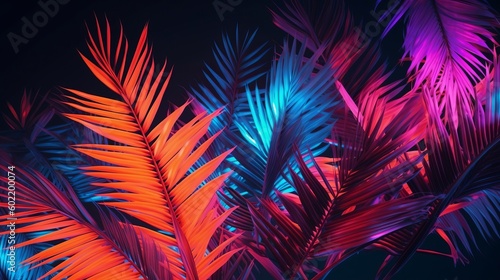 Photo of palm takes off in neon lighting. Creative resource, AI Generated