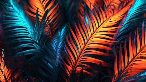 Photo of palm takes off in neon lighting. Creative resource, AI Generated