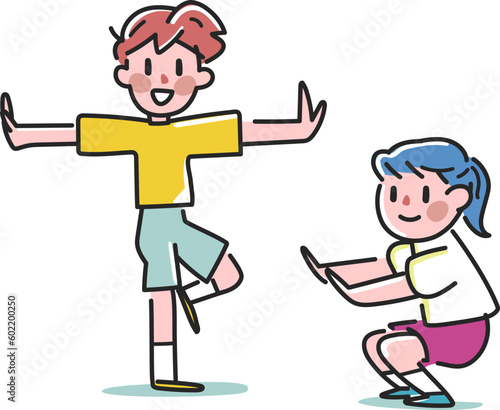 ロコモ運動器不全をチェックしている小学生　セット　イラスト素材
