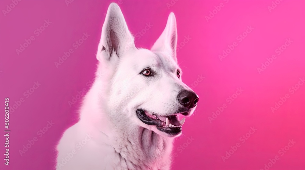 Representation of purebred pooch, White Shepherd obliged over studio foundation in neon slant pink light channel. Creative resource, AI Generated