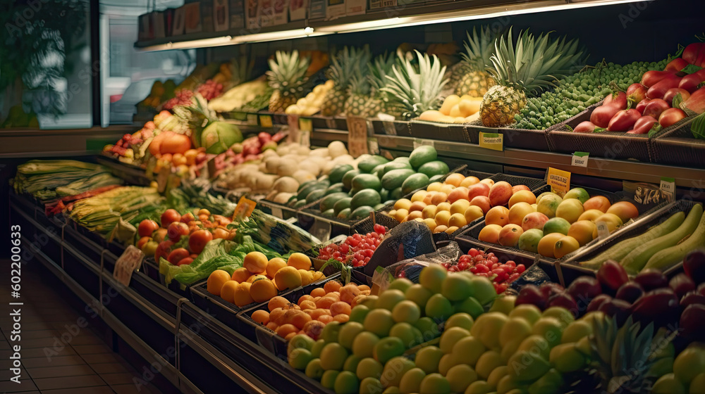 big choice of fresh fruits and vegetables on market counter Generative AI