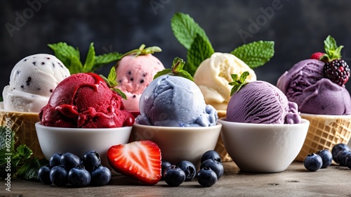 Keeping of ice cream flavor whit unused blueberry, strawberry, kiwi, lemon, vanilla setup on common foundation. Creative resource, AI Generated photo