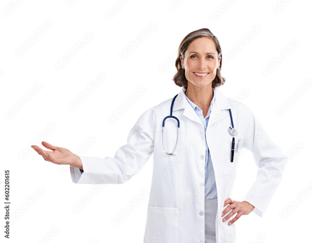 Portrait, woman smile and doctor with palm space in studio isolated on a white background. Healthcare professional, hand mockup and mature person with advertising, marketing or promotion for branding Portrait, woman smile and doctor with palm space in studio isolated on a white background. Healthcare professional, hand mockup and mature person with advertising, marketing or promotion for branding