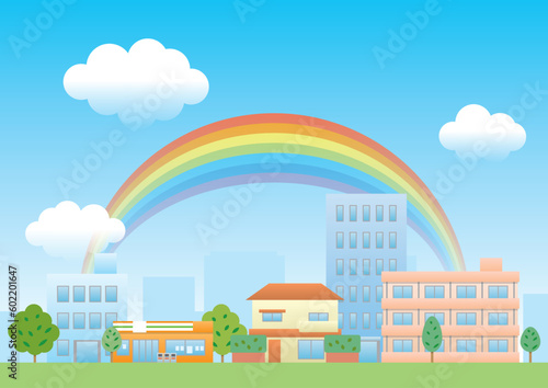 虹と青空の背景のイラスト,