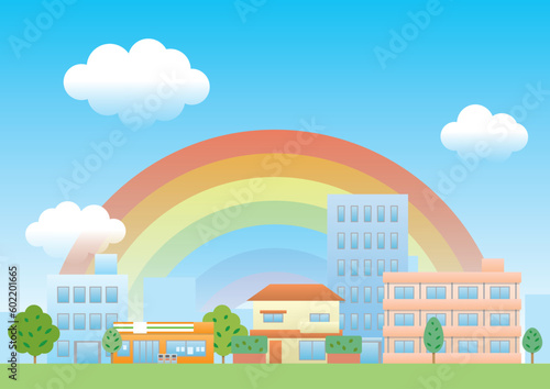 虹と青空の背景のイラスト,