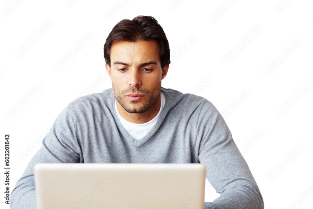 Computer, research and business man isolated on a white background for startup, career planning or website design ideas. Creative, focus and serious person or online user reading on laptop in studio Computer, research and business man isolated on a white background for startup, career planning or website design ideas. Creative, focus and serious person or online user reading on laptop in studio