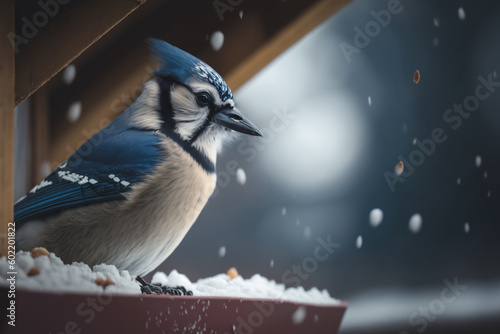 Fotografia Colorful blue jay perched on a snow covered feeder sheltered by a wooden roof ga