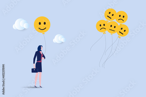 Business  woman holding balloons with emotion or expression faces, happy, sad or fear. Emote control and self regulation, stressed management or mental health awareness, feeling  concept.
