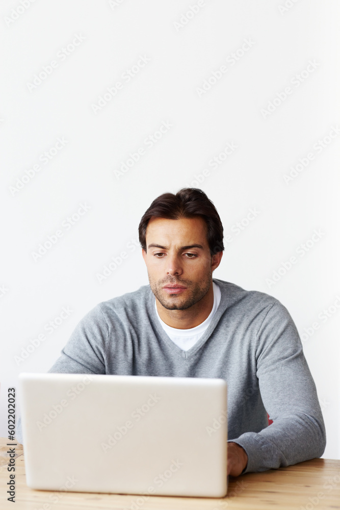Laptop, research and business man isolated on white background for startup, career planning or web design ideas. Creative, focus and serious person or online user on computer at desk in studio mockup Laptop, research and business man isolated on white background for startup, career planning or web design ideas. Creative, focus and serious person or online user on computer at desk in studio mockup
