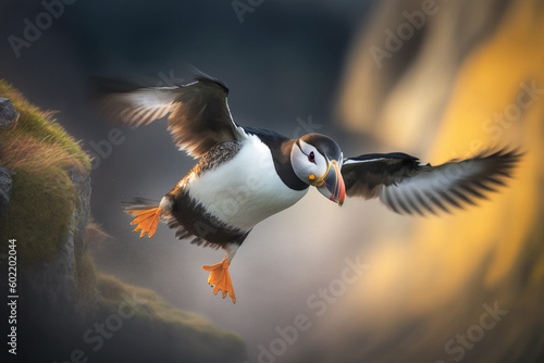 Foto A puffin flying and about landing at the cliffs of Latrabjarg Iceland with blurr