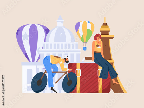 Holiday travel travel characters internet background vector hand drawn illustration
