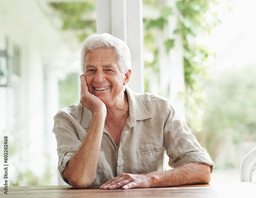 Portrait of senior man, smile and relax in home for retirement and good mood. Face of happy elderly male person on house patio for happiness, confidence and wisdom of ageing, wrinkles or grey hair Portrait of senior man, smile and relax in home for retirement and good mood. Face of happy elderly male person on house patio for happiness, confidence and wisdom of ageing, wrinkles or grey hair