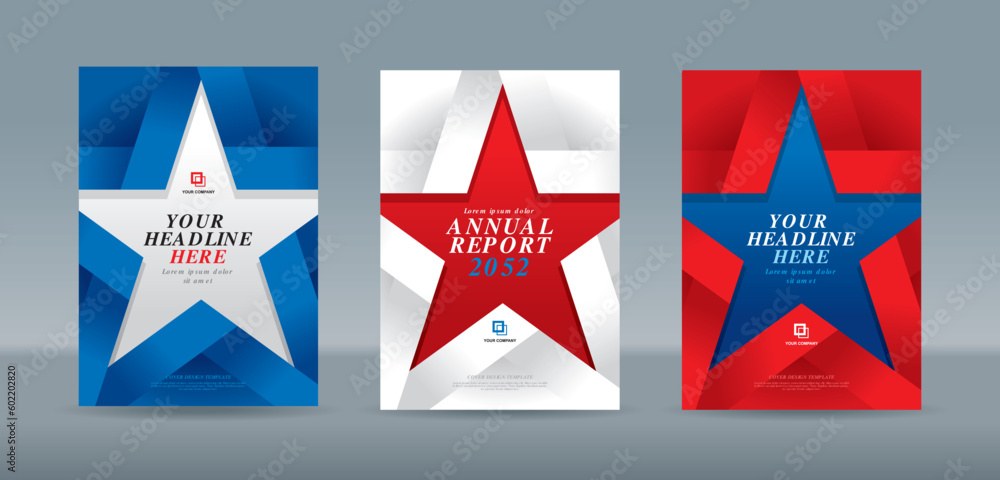 Blue white and red illustration of a folded ribbon in the shape of a five-sided star on gradation background. A4 size book cover template for annual report, magazine, booklet, proposal, portfolio Blue white and red illustration of a folded ribbon in the shape of a five-sided star on gradation background. A4 size book cover template for annual report, magazine, booklet, proposal, portfolio