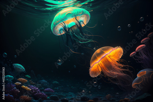 ai generated bioluminescent jellyfish underwater close to the surface