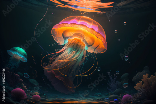 ai generated bioluminescent jellyfish underwater close to the surface