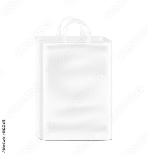 Realistic stand bag with plastic handle mockup. Half side view. Vector illustration isolated on white background. Perfect for presentation diapers, pants, nappies, tissue, wipes, food etc. EPS10.