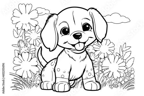 Dog Character Vector, Coloring Book Page with Dog, Coloring page outline of a cute dog, coloring page with Animal character 