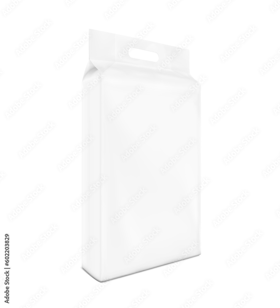 Stand bag with handle mockup. Vector illustration isolated on white background. Half side view. Ready for your design. Suite for the presentation of diaper, wet wipes, industry, food, etc. EPS10. Stand bag with handle mockup. Vector illustration isolated on white background. Half side view. Ready for your design. Suite for the presentation of diaper, wet wipes, industry, food, etc. EPS10.