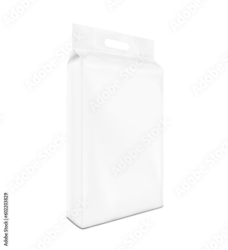 Stand bag with handle mockup. Vector illustration isolated on white background. Half side view. Ready for your design. Suite for the presentation of diaper, wet wipes, industry, food, etc. EPS10.