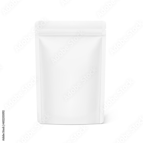 Food pouch stand up bag mockup set. Vector illustration isolated on white background. Front view. Can be use for template your design, presentation, promo, ad. EPS10.	