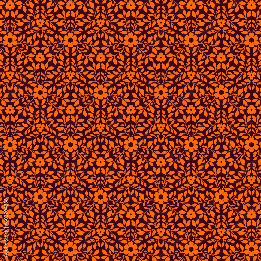 Vibrant botanical pattern with orange silhouette floral motifs isolated on a dark brown background Vibrant botanical pattern with orange silhouette floral motifs isolated on a dark brown background