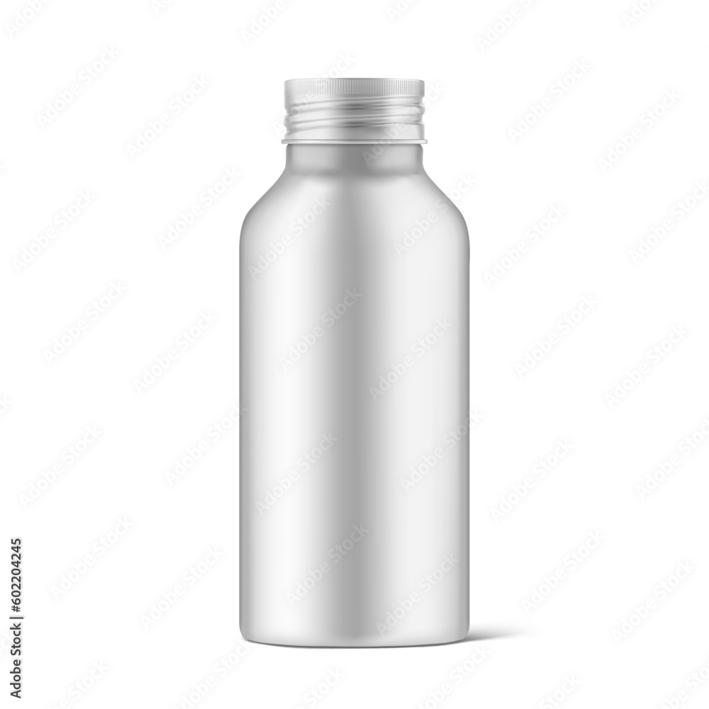 Hight realistic aluminum bottle mockup isolated on white background. Can be used for cosmetic, medical. Vector illustration. EPS10. Hight realistic aluminum bottle mockup isolated on white background. Can be used for cosmetic, medical. Vector illustration. EPS10.