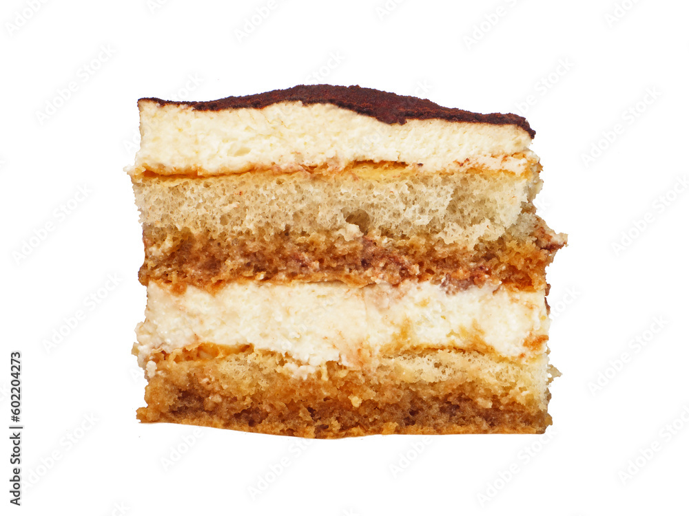 A slice of homemade italian Tiramisu cake dessert side view studio shot closeup on texture isolated on white background