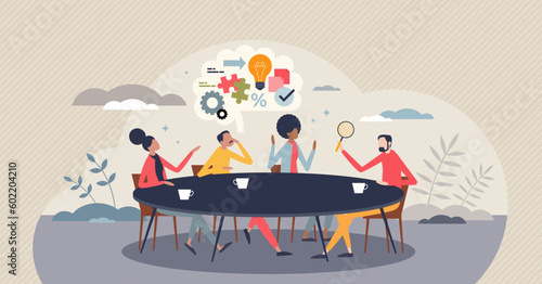 Collaboration and business team meeting with discussion tiny person concept. Company partnership and new idea generation with colleague brainstorm process vector illustration. Cooperation in workplace