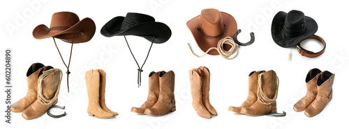 Set of cowboy hats, boots and accessories on white background