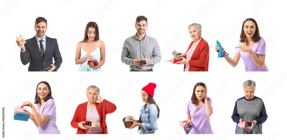 Collection of different people with wallets and money on white background Collection of different people with wallets and money on white background