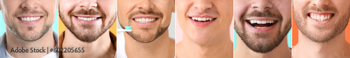 Collage of many men with healthy teeth  closeup