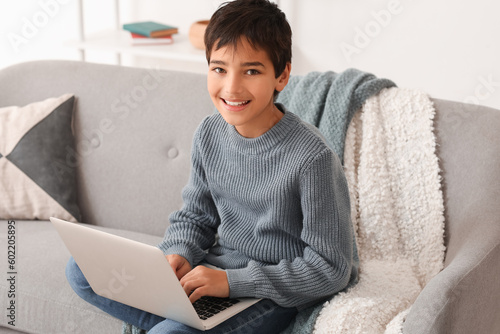 Little boy using laptop on ...