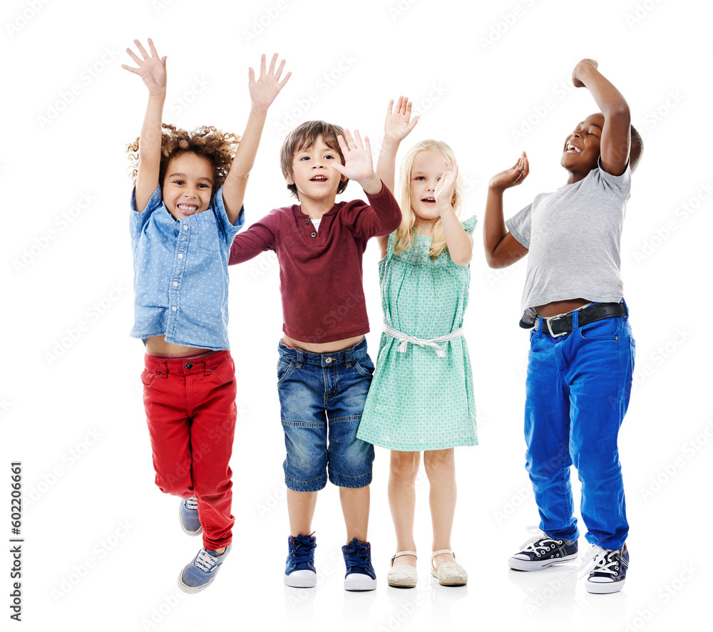 Joy, jumping and portrait of children in studio for diversity, friends and playing. Happiness, youth and smile with group of kids isolated on white background for celebration, playful and energy Joy, jumping and portrait of children in studio for diversity, friends and playing. Happiness, youth and smile with group of kids isolated on white background for celebration, playful and energy