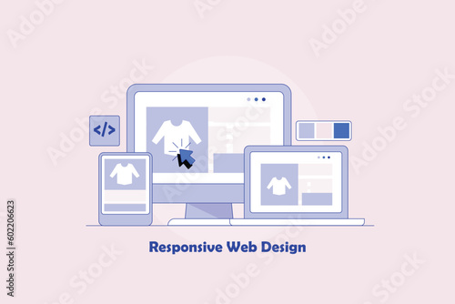 Responsive ecommerce website fits to screen size of desktop, laptop and tablet view, web design and app development coding improve user experience, vector illustration.