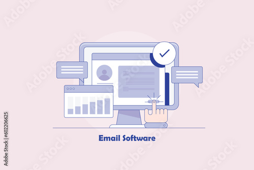 Email analytics software tracking subscribers activity and collecting data, displaying conversion and engagement information on computer screen, vector illustration banner.