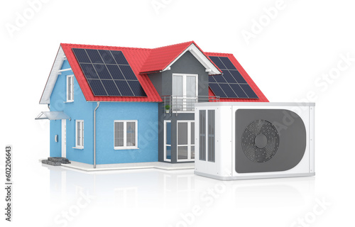 3d Illustration einer Wärmepumpe, im Hintergrund ein blaues Einfamilienhaus mit einer Photovoltaikanlage auf dem Dach auf weißem Hintergrund. photo