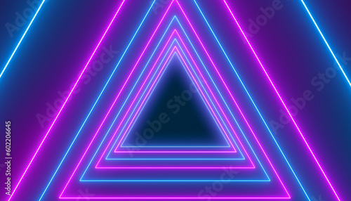 Illustation of many triangles in neon blue and neon magenta on dark background. - abstract background