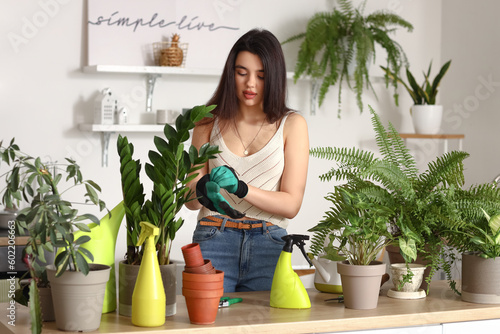 Young woman with houseplants putting gardening gloves in kitchen