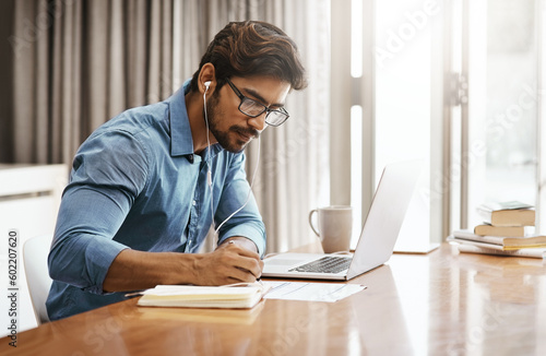 Canvas Print Business home and man with a laptop, remote work and focus with connection, planning or professional