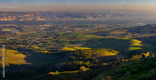 Panoramic View Of Emek HaMaayanot Valley At Sunset, Spring Time, Israel. Mount Gilboa, Lower Galilee, Beautiful nature of Israel, Holy Land