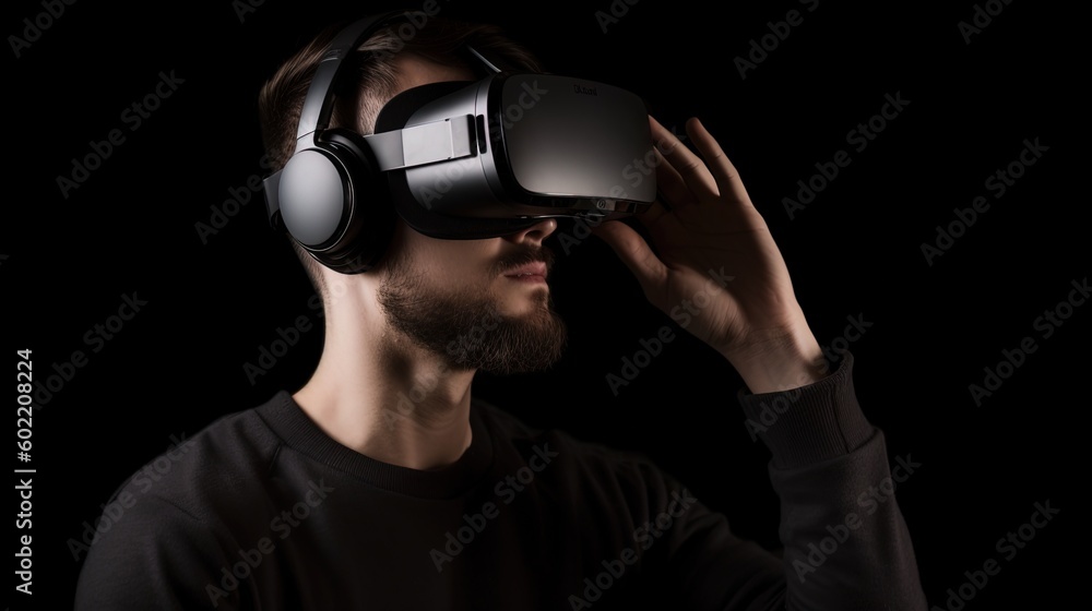 Young man wearing virtual reality goggles, Future technology and entertainment concept.Generative Ai Young man wearing virtual reality goggles, Future technology and entertainment concept.Generative Ai