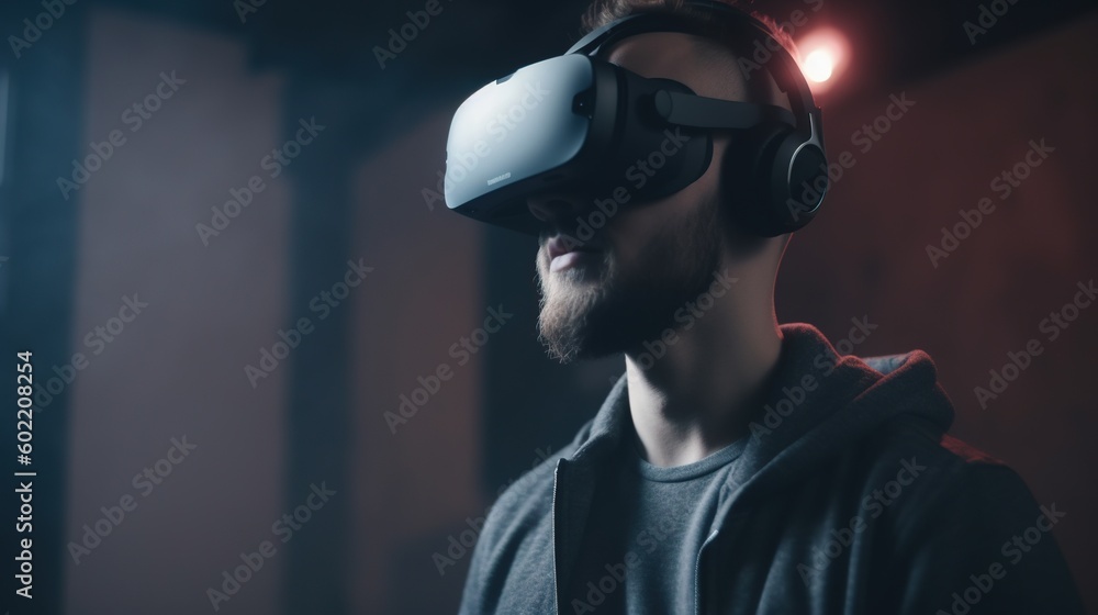 Young man wearing virtual reality goggles, Future technology and entertainment concept.Generative Ai Young man wearing virtual reality goggles, Future technology and entertainment concept.Generative Ai