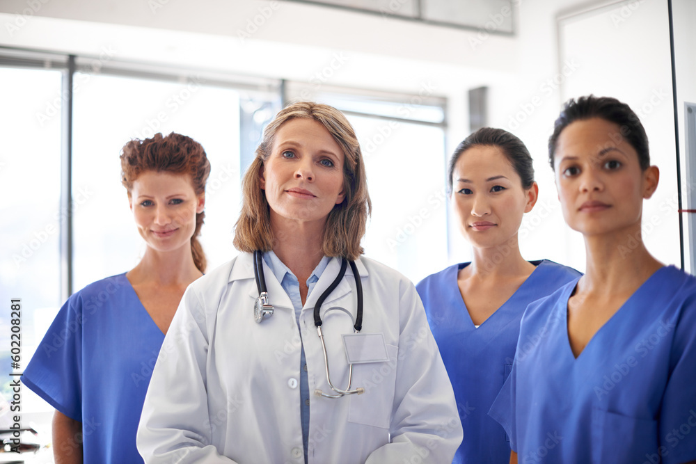 Doctor, nurses and portrait of hospital group or women leadership in clinic team or surgeons for diversity in healthcare. Wellness, professional and teamwork or collaboration and medical student Doctor, nurses and portrait of hospital group or women leadership in clinic team or surgeons for diversity in healthcare. Wellness, professional and teamwork or collaboration and medical student