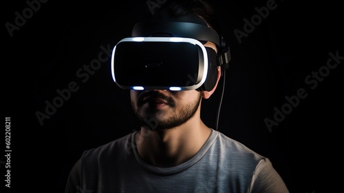 Young man wearing virtual reality goggles, Future technology and entertainment concept.Generative Ai © Rudsaphon